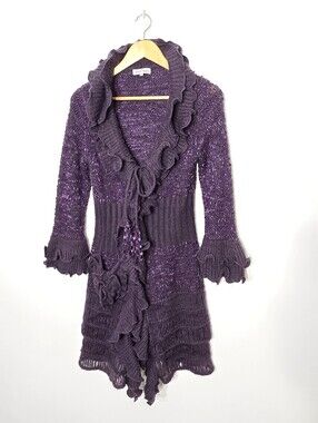 Marie Claire Eggplant Purple Long Length Ruffle Trims Knitted Cardigan Sweater M